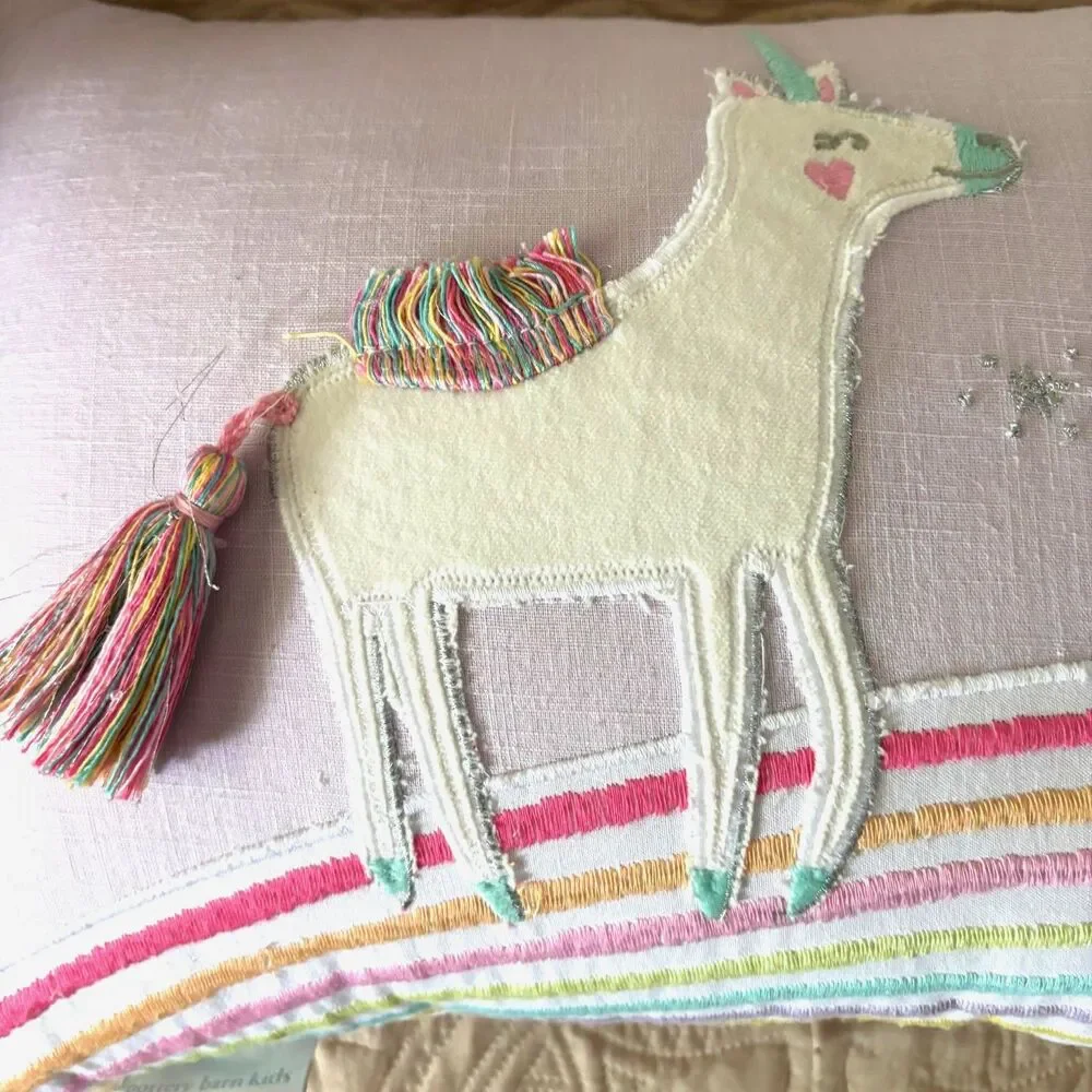 Pottery Barn Kids Unicorn Rainbow Throw Pillow 14x10 Pink Pastel Tassel Decor